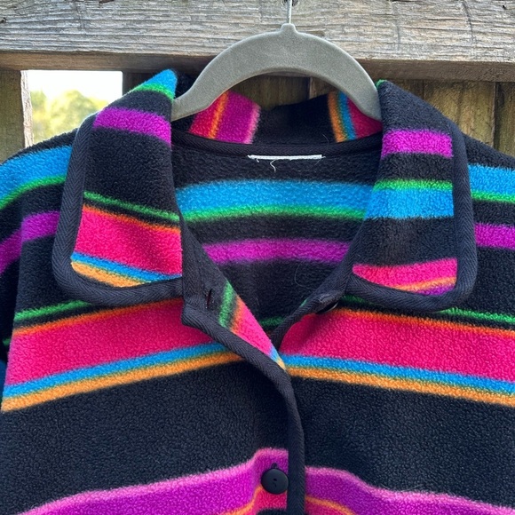 Talbots Horizontal Rainbow Striped Synchilla Knit Fluffy Button Front Jacket - Picture 4 of 6